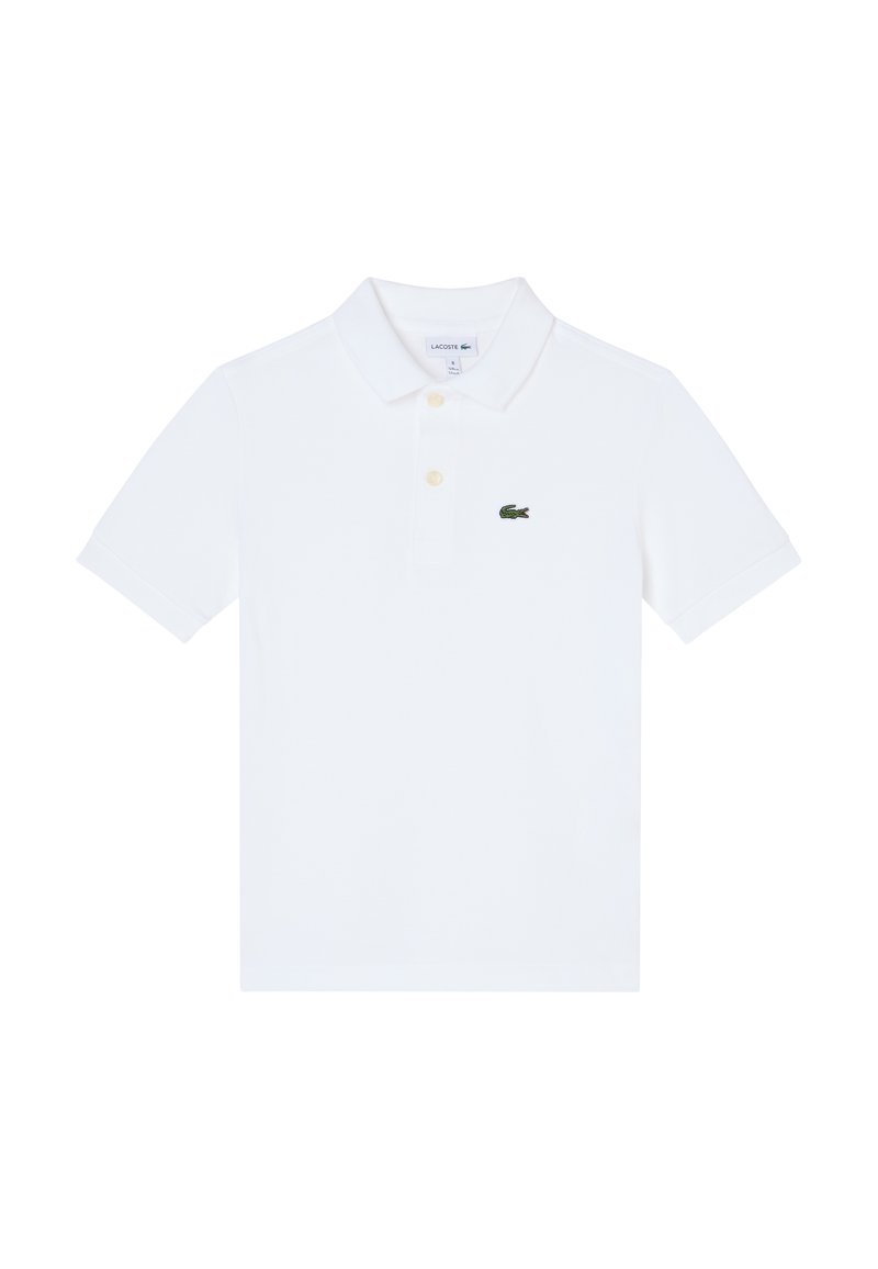 Witte polo shirt van katoen, met een klassieke kraag, een drie-knopen knoopsluiting en een groen Lacoste krokodil logo op de borst.