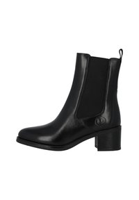 Black leather ankle boot with elastic side panels, rounded toe, slightly raised heel, and a loop at the back for easy wear.
