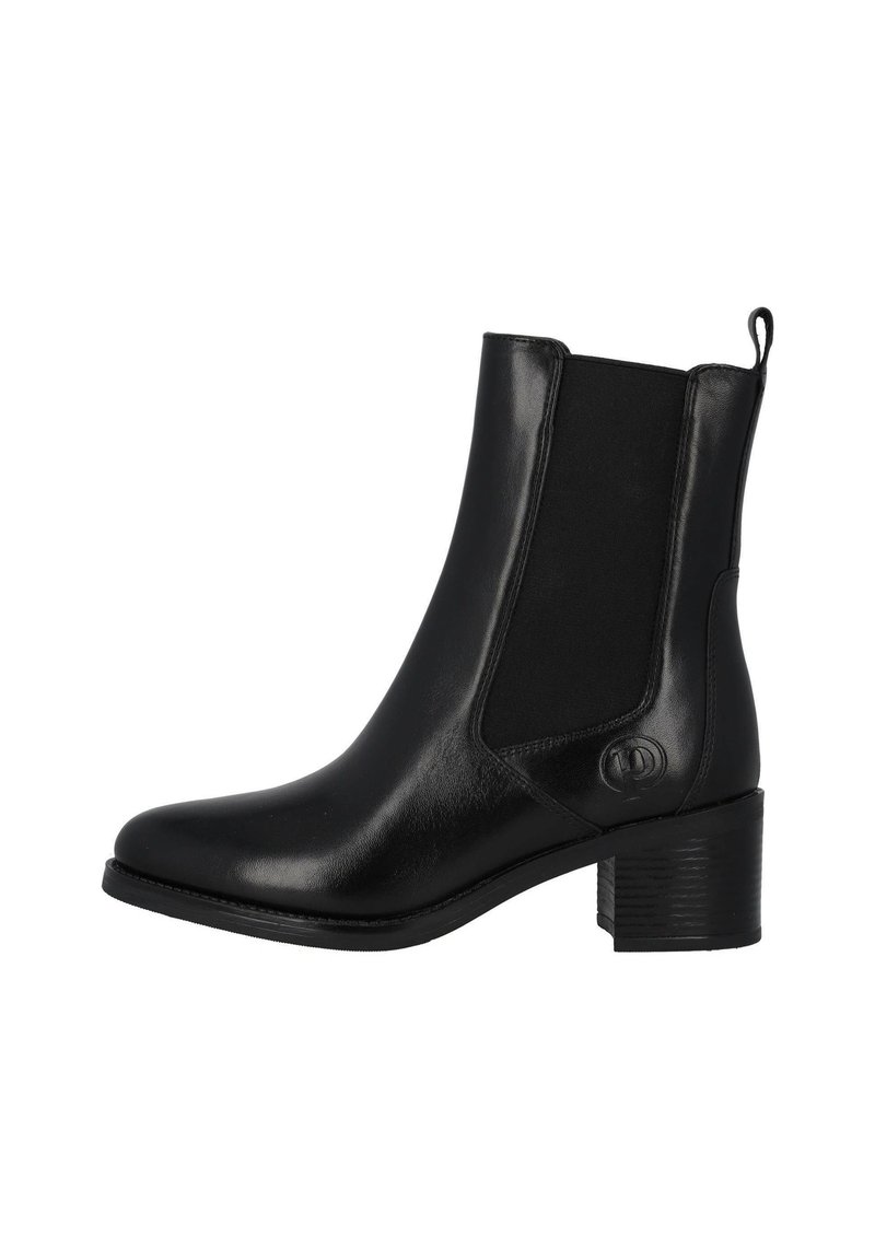 Black leather ankle boot with elastic side panels, rounded toe, slightly raised heel, and a loop at the back for easy wear.