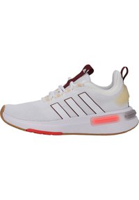 White athletic shoe with mesh upper, maroon accents, three white stripes, rubber sole, and a colored midsole light. Red and clear details.
