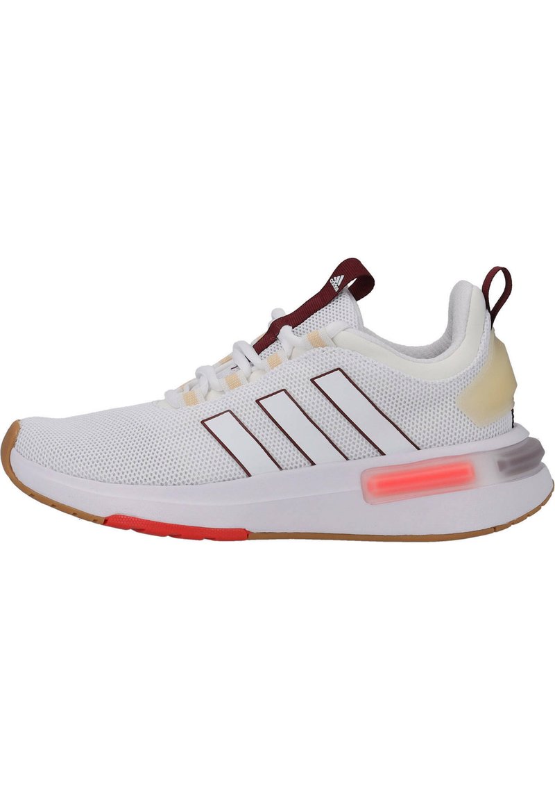 White athletic shoe with mesh upper, maroon accents, three white stripes, rubber sole, and a colored midsole light. Red and clear details.
