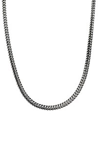 Metalen ketting met een gedraaid ontwerp, voorzien van een zwarte afwerking en een gladde textuur, met een uniforme, elegante kromming.