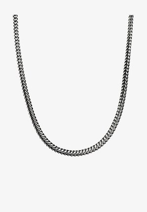 Collier en chaîne en métal au design torsadé, avec une finition noire et une texture lisse, présentant une courbure uniforme et élégante.