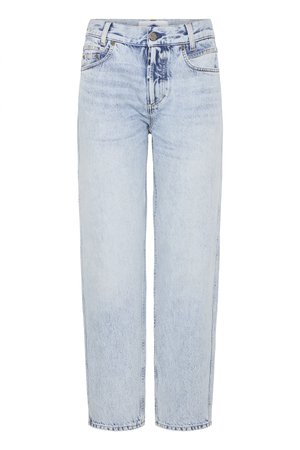 Svijetloplave, visoko strukirane traperice; ravnog kroja sa prednjim džepovima, kopčanjem na gumb i minimalnim izblijedjenjima.