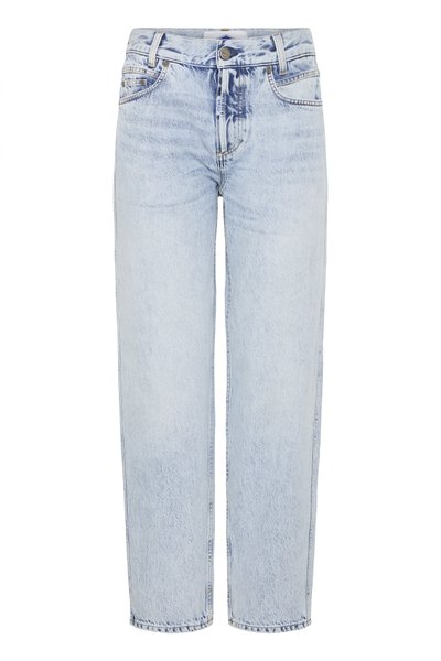 Svetlomodré džínsy s vysokým pásom vyrobené z denimu; strih rovného nohavice s prednými vreckami, zapínaním na gombík a minimálnym vyblednutím.