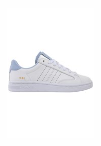 White leather sneaker with light blue suede accents, perforated side, rounded toe, and white rubber sole; features gold "1966" detail.