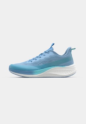 Scarpa sportiva blu con tomaia in rete traspirante, design a strati, intersuola testurizzata e suola bianca imbottita. Dettagli in teal sul tallone.