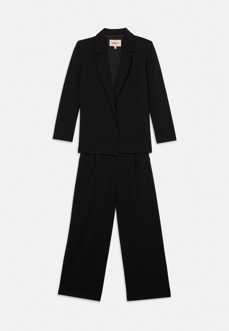 Black suit set featuring a tailored blazer with a notched collar and wide-leg trousers. Smooth, lightweight material, minimalist design.