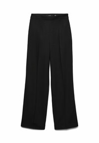 Pantalons largeur large noirs en tissu lisse avec une taille plate et deux plis à l'avant. Sans poches ni fermetures visibles.