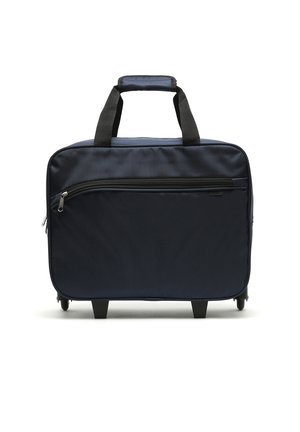 Borsa wheeled di un blu scuro con una finitura liscia e texturizzata. Presenta maniglie superiori, una tasca anteriore con zip e quattro piedi robusti per la stabilità.
