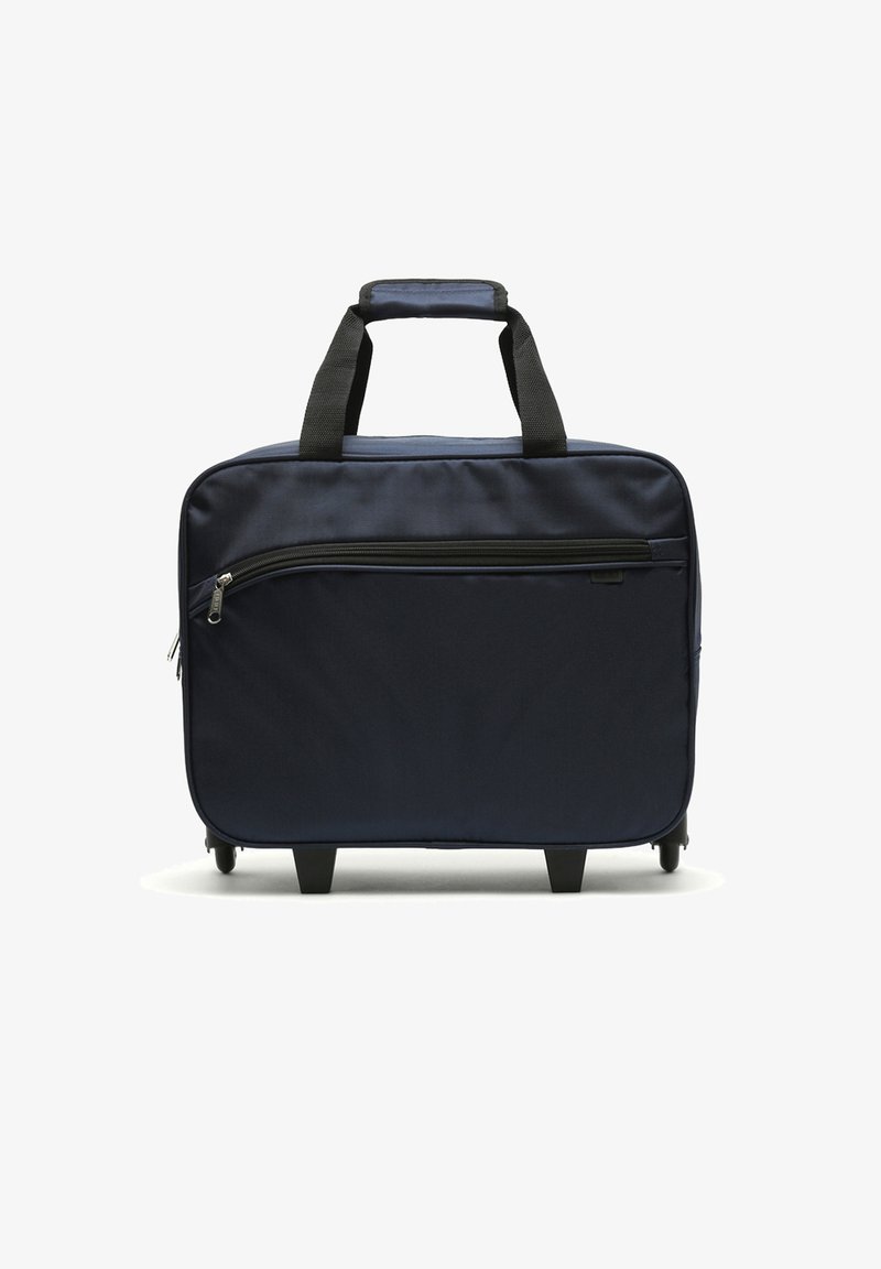 Tmavě modrý kufr na kolečkách s hladkým, strukturovaným povrchem. Obsahuje horní madla, přední zipovou kapsu a čtyři pevné nožičky pro stabilitu.