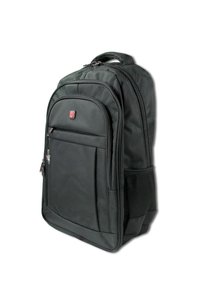 Sac à dos en tissu noir avec plusieurs compartiments zippés, panneau arrière rembourré, poche latérale en mesh et un logo sur le devant.