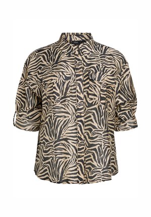 Bežena srajca s črnim vzorcem zebra, z dvema sprednjima žepekoma in zavihki na rokavih, izdelana iz lahkega materiala za udobje.