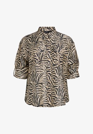 Chemise beige à boutons, ornée d'un imprimé zèbre noir, avec deux poches avant et des manches retroussées, confectionnée dans un tissu léger pour plus de confort.