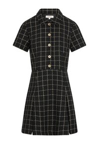 Robe noire à manches courtes avec un col, présentant un motif de carreaux crème et cinq boutons sur le devant. Design de jupe plissée.