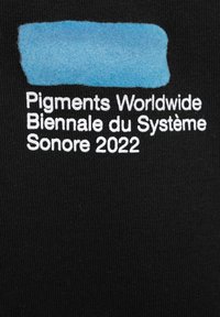 Czarna tkanina z białym napisem "Pigments Worldwide Biennale du Système Sonore 2022" pod teksturowanym, niebieskim pociągnięciem farby.
