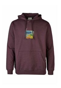Maroon hoodie with a kangaroo pocket and a graphic print on the chest resembling a food package, featuring yellow and blue accents.