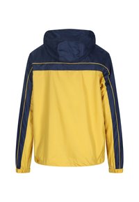 Jachetă de vânt galbenă și bleumarin cu glugă, având un design elegant, mansete elastice și cusături în contrast. Material rezistent la apă.