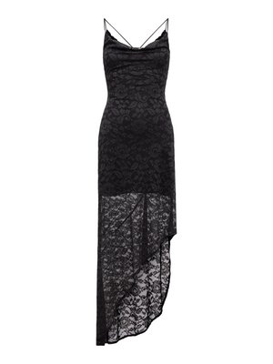 Robe en dentelle noire avec bretelles spaghetti. Elle présente un col drapé et un ourlet asymétrique. Motif floral sur tout le tissu.