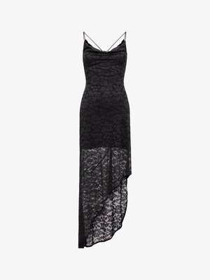 Black lace dress with spaghettis straps. Features a draped neckline and asymmetrical hem. Floral pattern throughout the fabric.