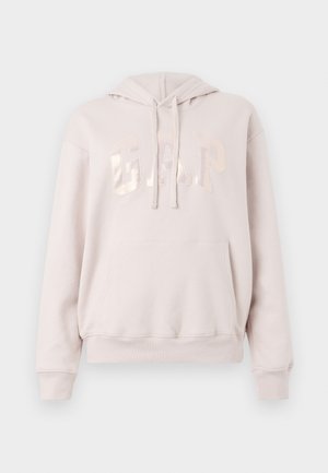 Helle rosa Kapuzenjacke aus weichem Stoff, mit einer Vordertasche, Kordelzugkapuze und glänzendem "GAP"-Logo auf der Brust.