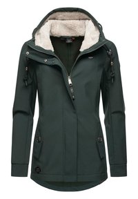 Temno zelena jakna z mehkim bež flisom. Ima zadrgo spredaj, nastavljivo kapuco in stranske žepe z gumbnimi zapiranji.