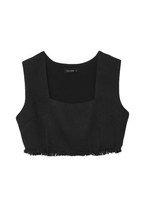 Top corto nero con scollatura quadrata, tessuto testurizzato e orlo sfrangiato. Presenta una vestibilità sartoriale e spalline larghe per una maggiore struttura.