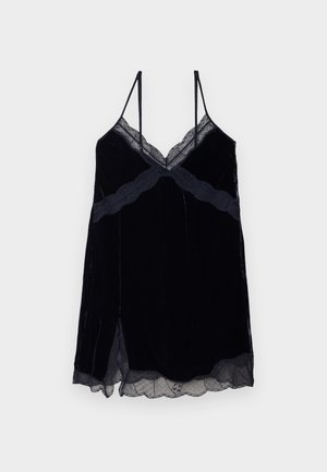 Schwarzes Samt-Cami mit Spitzenakzenten. V-Ausschnitt-Design, verstellbare Spaghetti-Träger und eine leicht ausgestellte Silhouette mit seitlichen Schlitzen.