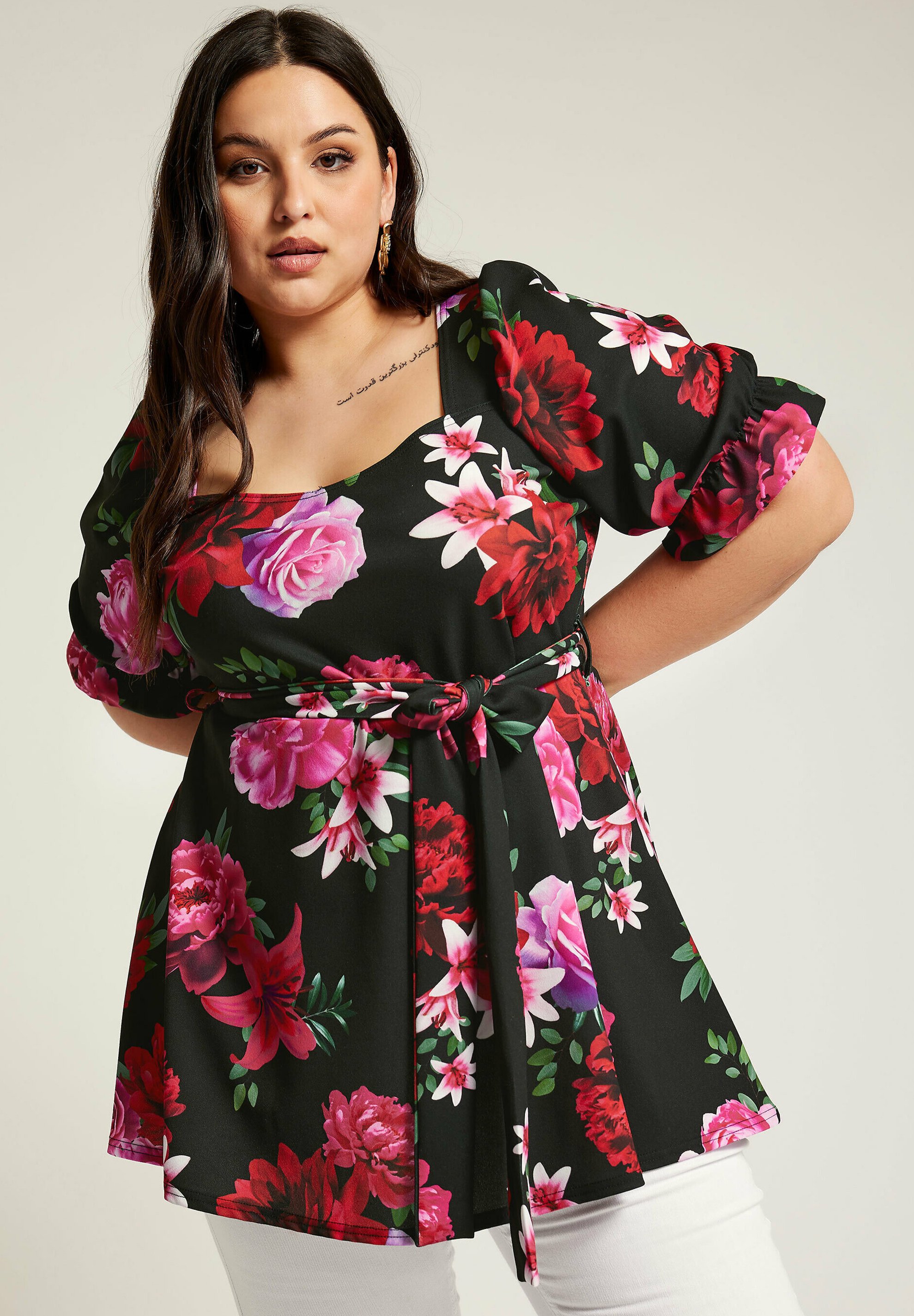 Yours Clothing FLORAL PEPLUM - Blouse - black - Zalando