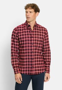 Rot-schwarz kariertes Hemd mit Knöpfen, Kentkragen, langen Ärmeln und schwarzen Knöpfen, aus weichem, strukturiertem Baumwollstoff.