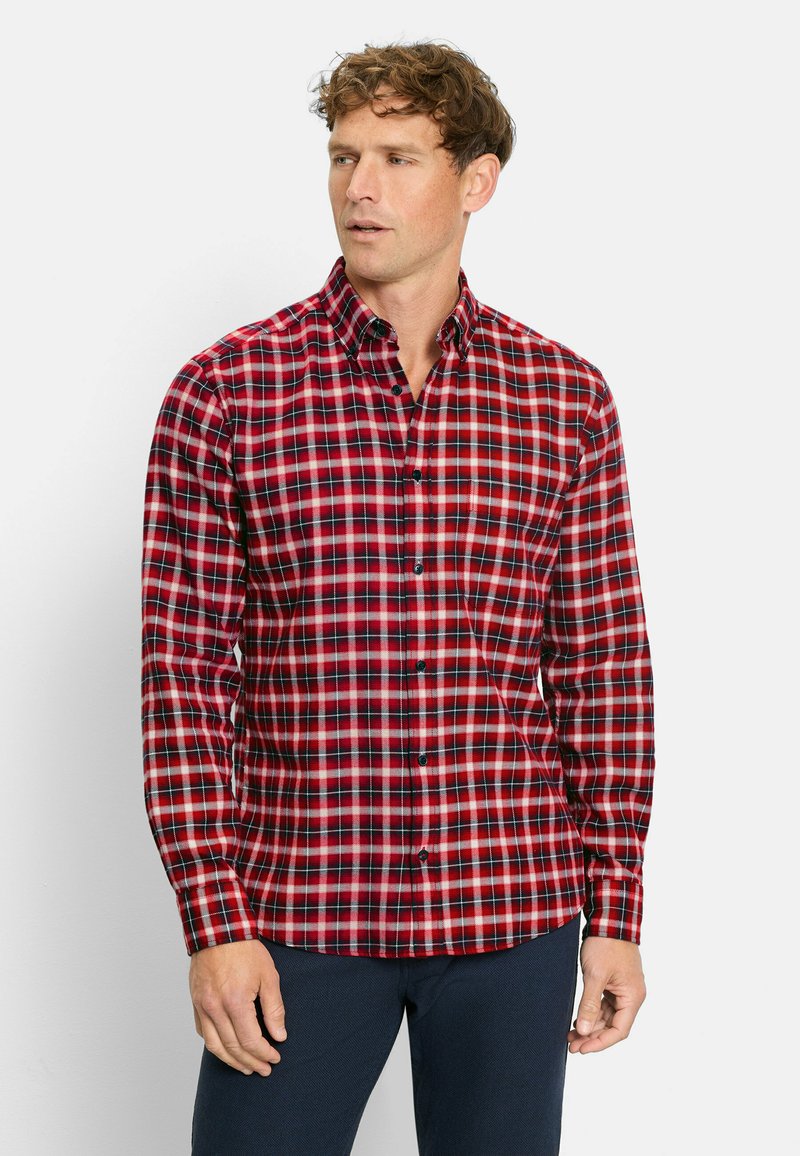 Rot-schwarz kariertes Hemd mit Knöpfen, Kentkragen, langen Ärmeln und schwarzen Knöpfen, aus weichem, strukturiertem Baumwollstoff.
