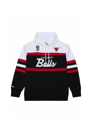 Felpa con cappuccio con logo Chicago Bulls, blocchi di colore nero, bianco e rosso e stemma del trofeo del campionato NBA sul davanti.