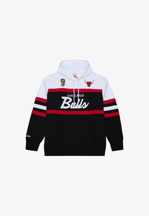 Bluza z kapturem z logo Chicago Bulls, czarno-biało-czerwonymi blokami kolorów oraz emblematem trofeum mistrzostw NBA na przodzie.