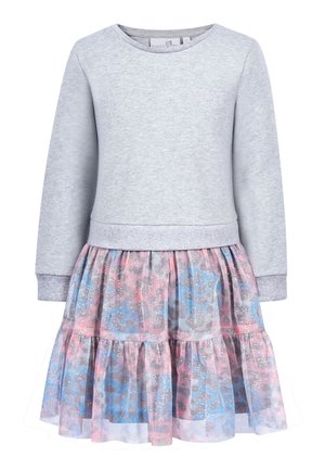 Lysegrå langærmet top fastgjort til et flerlags tylskørt med pink, blå og grå leopardprint samt sølvglitrende detaljer.