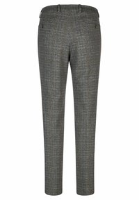 Grijs geruite broek gemaakt van een gestructureerde stof, met een slim fit, twee achterzakken en riemlussen, voorzien van een subtiel ruitpatroon.