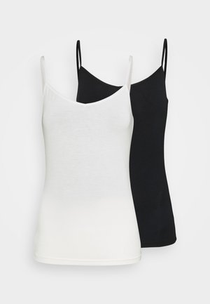 Two scoop-neck camisoles, one white and one black, made of soft fabric. Features thin straps and a fitted design.