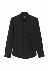 Czarna koszula z długim rękawem, zapinana na guziki, z wywiniętym kołnierzykiem, wykonana z gładkiego materiału, z małym haftowanym logiem na piersi.