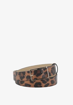 Leopard print belt made of faux leather, featuring a gold-tone rectangular buckle, sturdy texture, and multiple adjustment holes.