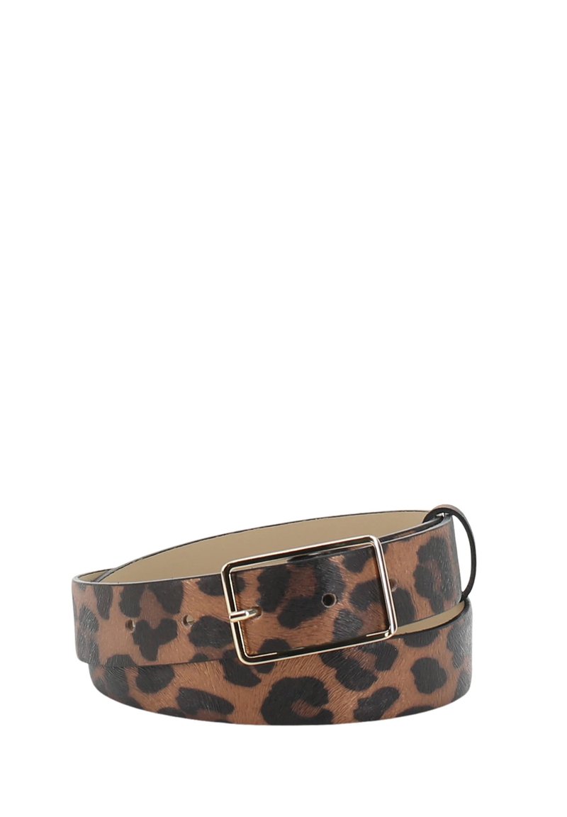 Leopardenmuster Gürtel aus Kunstleder, mit einer rechteckigen Schnalle aus goldfarbenem Metall, strapazierfähiger Textur und mehreren Einstichlöchern.