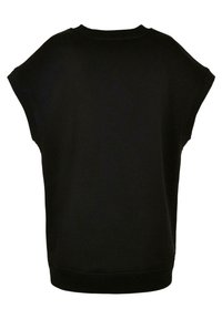 Pull sans manches noir en maille avec col rond côtelé, poignets aux bras et ourlet, montré de dos.
