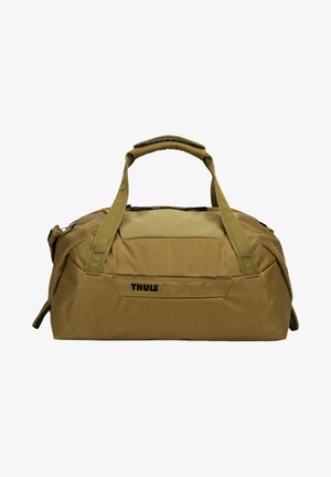 Olivgrüne Reisetasche aus strapazierfähigem Stoff mit doppelten Tragegriffen, Reißverschluss und schwarzem Markenlogo auf der Vorderseite.