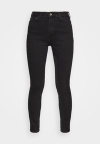 Svarta smala jeans i denim, med knappstängning, bältesslingor och en slät yta. Klassisk femfickdesign utan synliga mönster.