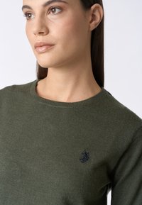 Maglione lavorato a maglia verde oliva con scollatura rotonda e polsini a costine, decorato con un piccolo logo blu scuro sul lato sinistro del petto. Texture morbida.