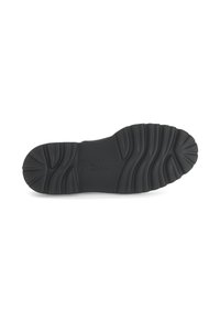 Zwarte rubberen zool met een tekstuurpatroon, voorzien van groeven en ribbels voor grip, en een verzonken logo met de tekst "Gabor."