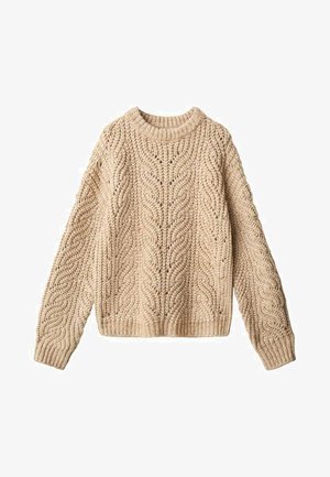 Beige gebreide trui met een kabelpatroon, geribbelde ronde halslijn en lange mouwen. Gestructureerde stof met een losse, rechte pasvorm.