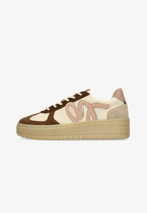 Cream and brown suede sneaker with beige sole, lace-up front, and pink stitched design on side and heel tab.