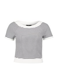 Striped short-sleeve top in white and navy. Features a wide neckline and solid white cuffs and hem, made of a stretchy fabric.