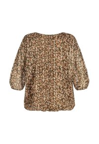 Brun blomstermønstret bluse med løs pasform, blødt transparent materiale, brede ærmer og rund halsudskæring. Bagfra ses indsamlede folder.