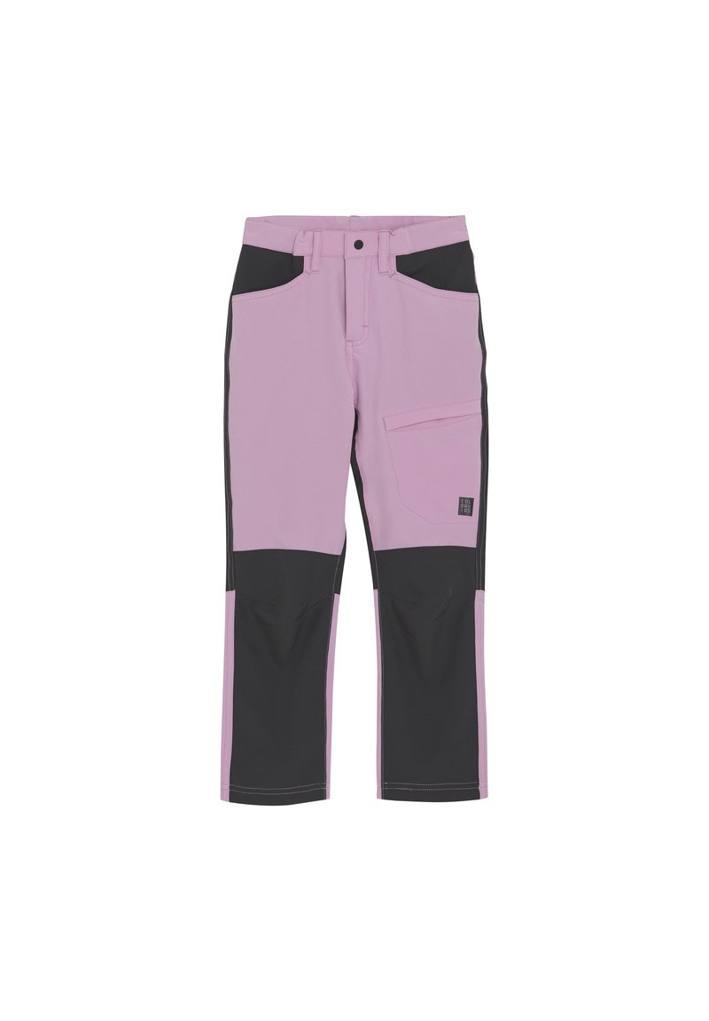 Rosa och svarta byxor med kontrasterande sidopaneler, flera fickor och rak ben-design; tillverkade av hållbart, lättviktigt tyg.