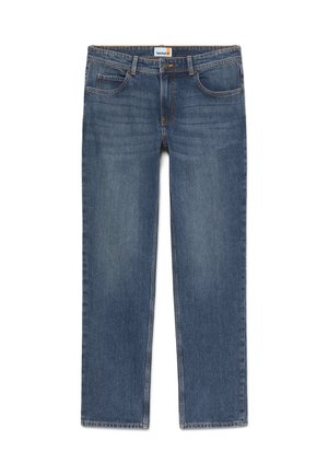 Jeans di colore blu scuro con un design a gamba dritta, realizzati in tessuto denim, con tasche anteriori, tasche posteriori e cuciture a contrasto.